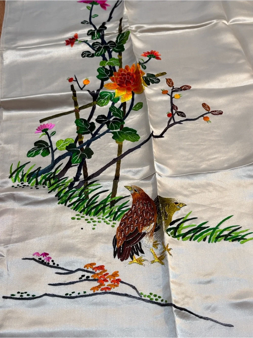 Vintage Chinese Silk Embroidered Crane & Floral Panel